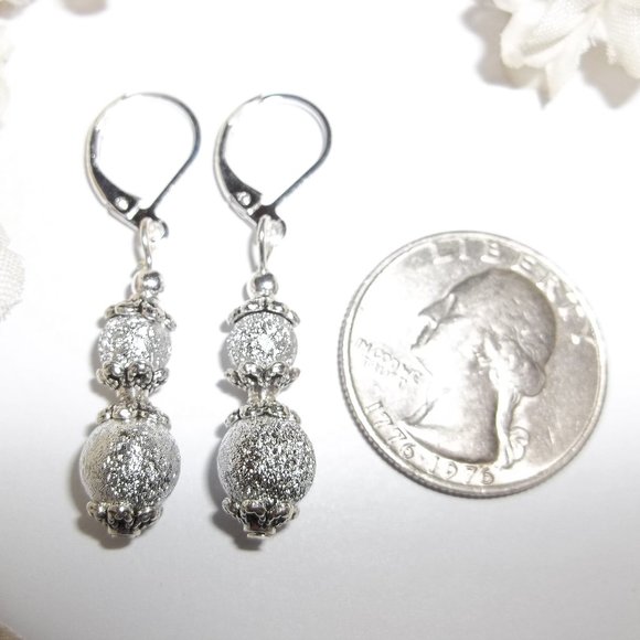 Silver Glittery Earrings Set Handmade Simple Minimalist Style Dangle NWT 5793 - Picture 2 of 8